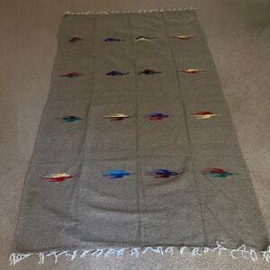 Vel Mex Authentic Mexican Serape Blanket Beige Woven Southwestern Fringe Accents